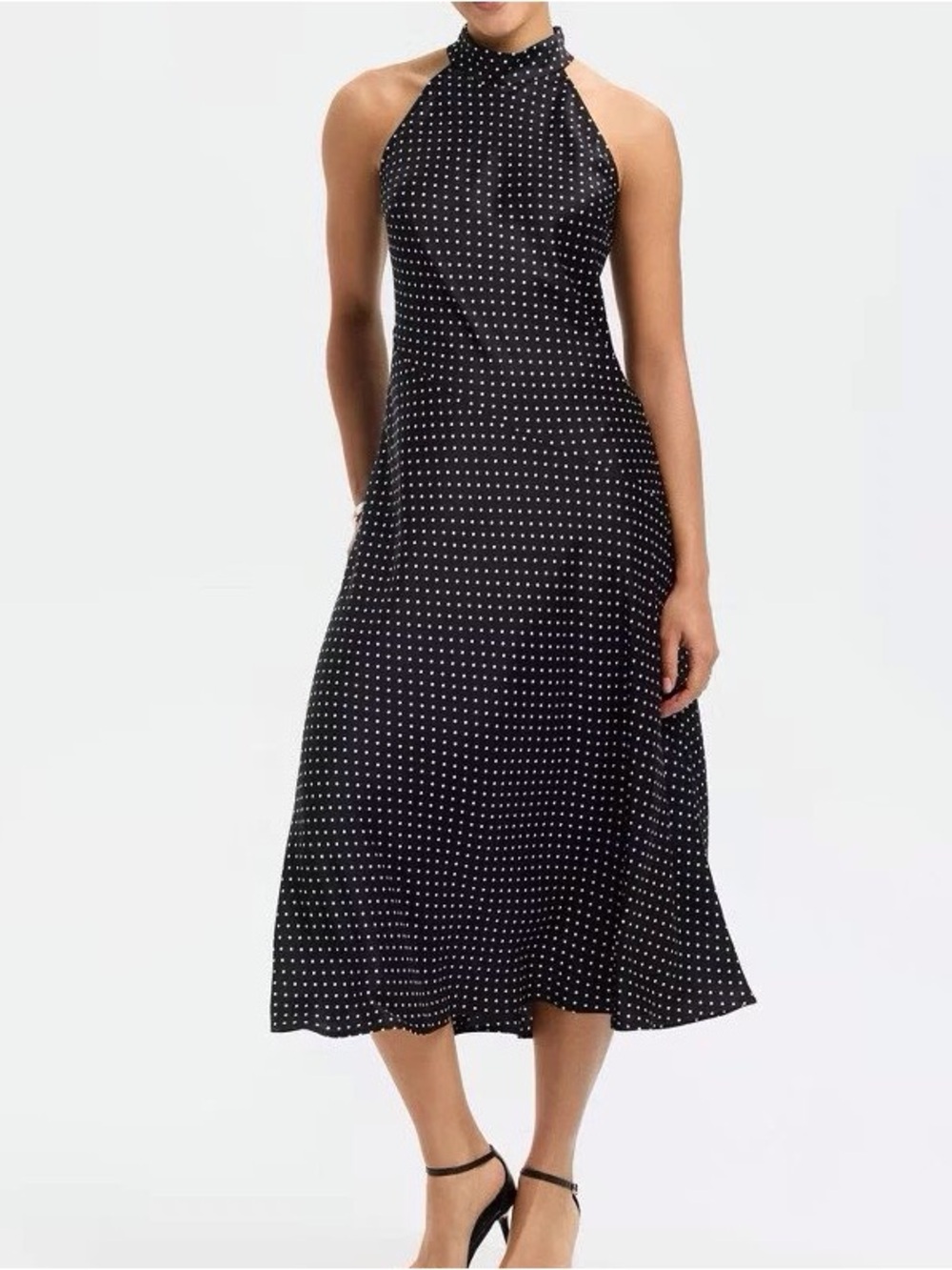 Sleeveless Black Polka Dot Halter Midi Dress